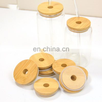 Eco-friendly Natural 62mm And 68mm Bamboo Mason Jar Lids for Can with Straw Hole