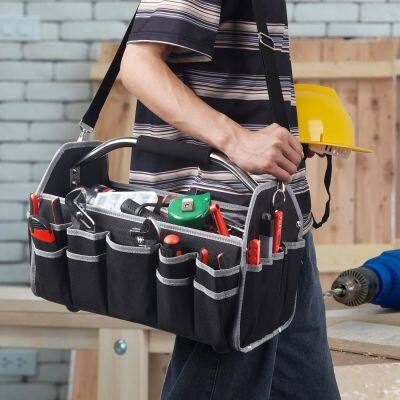 16 Inches Tool Bag, Open Top Tool Bag,  Electrician Tool Bag,26 Pockets Can Load Many Tools, Removable Shoulder Strap and Steel Handle