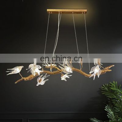 Creative restaurant american light luxury rectangular tree branch chandelier bird glass modern chandelier for dining tables