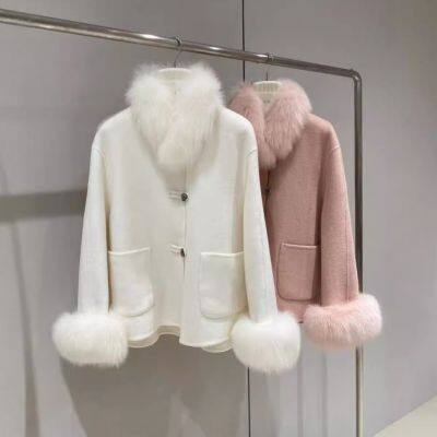 Sweetheart Baby's new autumn and winter style fox fur collar double-sided cashmere coat, women's short woolen coat, exuding a sense of luxury