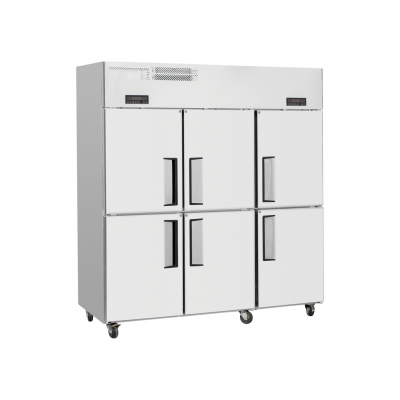 Equipamiento de refrigeración comercial para cocinas de acero inoxidable. Chiller o congelador vertical de aire refrigerado de tres/seis puertas con control digital de temperatura