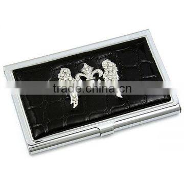 Croc Embossed Leather Rhinestone Fleur De Lis & Angel Wings Business Card Holder Card Box Card Case