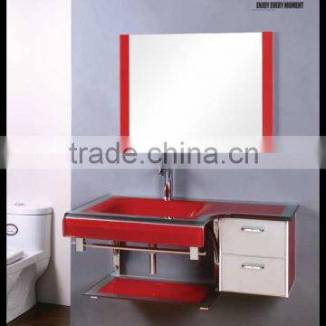 Modern red glass bathroom vanity with two drawers YL-7111