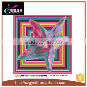 lily flower print silk twill custom design digital printing 90 by 90 100% silk scarf                        
                                                Quality Choice