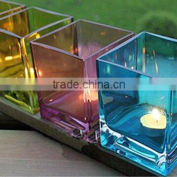 hand blown square glass candle holder with top cut, varies color, different size, home decor, holiday gift