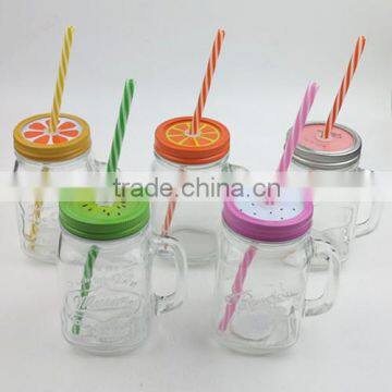 450ml Glass Drinking Jar with 2pcs Lid and Straws, Mason Jar Glass with Lid and Straws