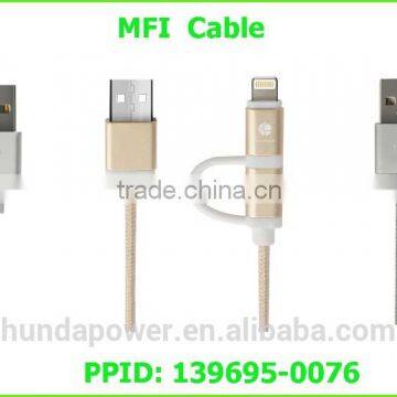 MFI usb cable factory 2 in 1 micro and 8pin phone usb data and charger cable