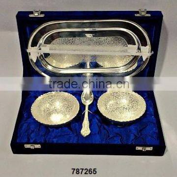 Brass Dry Fruit Bowl Set with Tray Silver Plated in Velvet Box