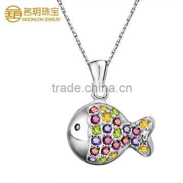 Fashion Jewelry Silver Fish Pendant With Colorful Gemstones