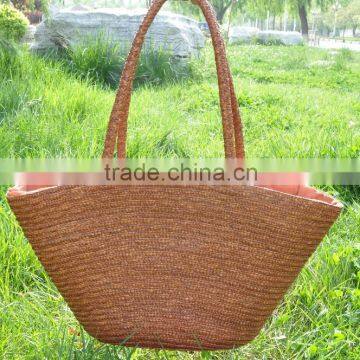 Hand-woven straw & fabric handbag beach sea shoulder bag tote