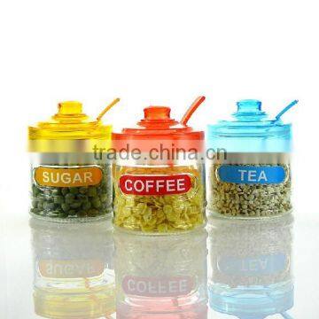 glass condiment salt sugar jar with dome lid and tray