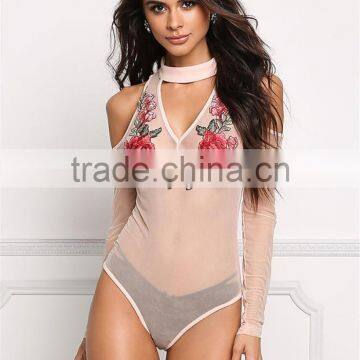 MGOO 2017 New Design Custom Blush Applique Bodysuits White See Through Rose Mesh Cutout Tops Playsuits photo-2