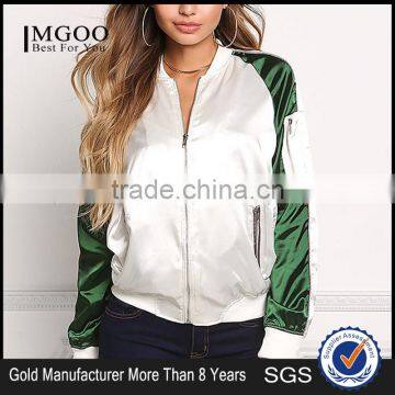 MGOO 2017 Hot Sale Custom Satin Bomber Jackets Zip Up Silver Fashion Tops Raglan Long Sleeves Tops