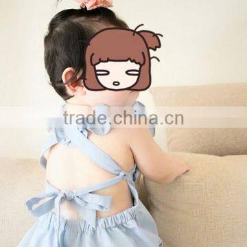 Boutique Flutter Sleeve Blue Girls Solid Color Cotton Jumpsuit Ruffle Baby Romper