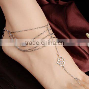 Multi Layers Tassel Silver Tone Anklet Hollow Cloud Finger Ring Chain