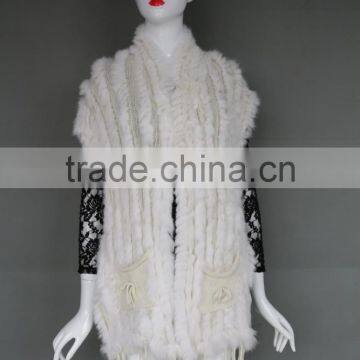 Fashion Women Gilet Rabbit Fur Knitted Vest With Two Big Pockets In Winter