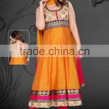 Classic Beige, Orange Chanderi Cotton Silk fabric Ready Made Salwar Kameez