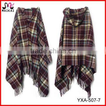 Wholesale check and tartan winter knitted acrylic poncho cashmere