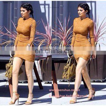 Wholesale Long Sleeve Tight Camel Suede Dress
