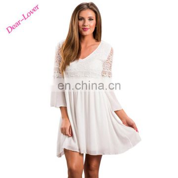 White V-Neck Top Three Quarter Sleeve Elegant Swing Dreamy Lace Mini Dresses