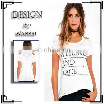 Wholesale Cotton White Tee Printed Design Cold Shoulder Sleeves Women t shirts manufacturers china