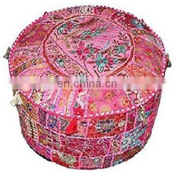 Pink Color Handmade Patchwork Pouf Cover Indian Throw Cotton Ottoman Cover Vintage Footstool Decorative Pouffe Cover