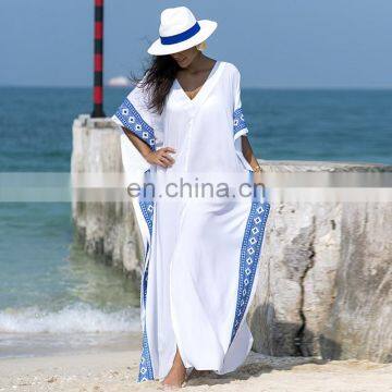 2019 Casual V-Neck Bats Sleeve Side Split Beach Kaftan Loose Summer Dress White Cotton Tunic Women Street Wear Maxi Dress photo-2