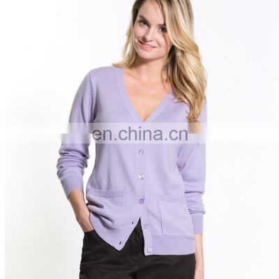 women v neck computer knit purple cardigan sweater with buttons