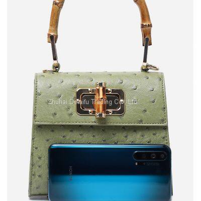Hot-selling Ostrich Print Manual Small Package Ladies Trapezoid Bamboo-handle Handbag photo-5