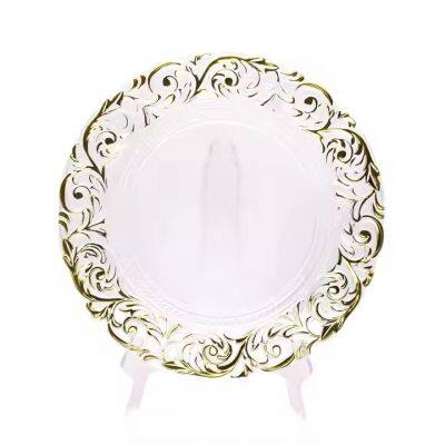 Hot Sale Luxury 13 Inch Gold Rim Clear Plastic Wedding Dinner Decoration Round Server Charger Plate