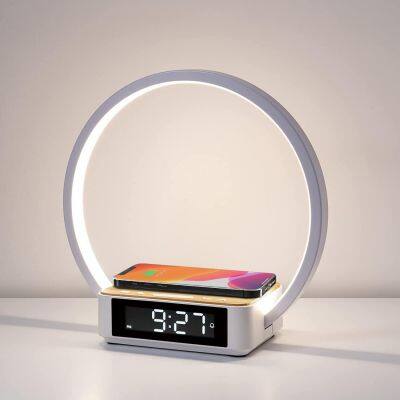 3 in 1 Wireless Charger Touch Control LED Desk Lamp With Night Light Alarm Clock-15W Output Power Wooden Bedside Table Lamp