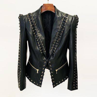 Fashion New Arrival V-neck Corns Metal Leather Jacket Tight Black Zipper Short Women's Clothing
