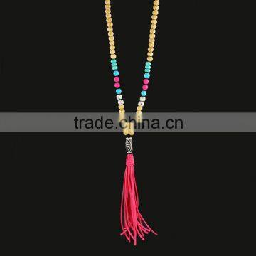 NE2378 Fashion Natural Wood Turquoise Mala Beaded Tibetan Evil Eye Focal Bead Long Necklace With Pink Suede Cord Tassel                        
                                                                                Supplier's Choice