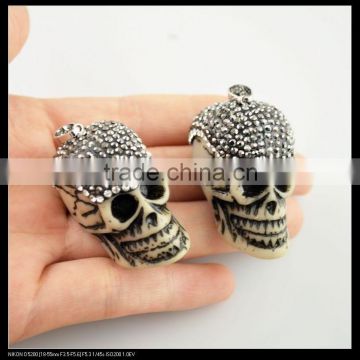 LFD-0098P ~ Wholesale OX / Bull Bone Carved Skull Shape Pendant, With Crystal Rhinestone Paved Druzy Pendants Necklace Jewelry