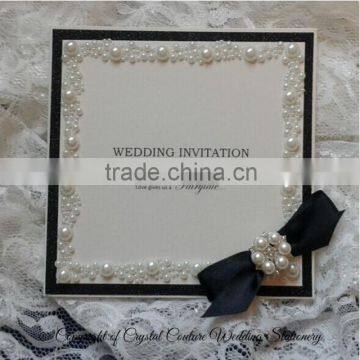 Hot sale & new arrival elegant white glitter wedding invitations with pearl border & navy ribbon bowknot