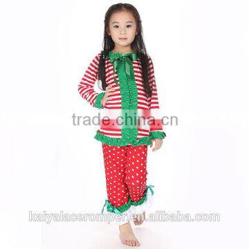 2015 baby girls striped ruffle top and red polk dot pant sets,girls christmas outfit