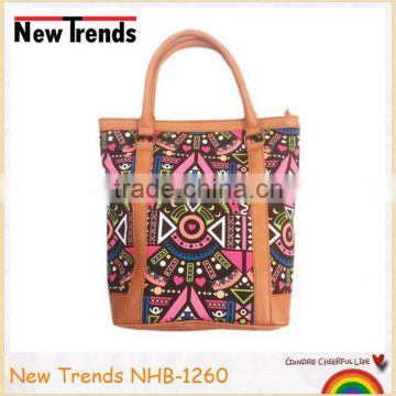 Canvas tribal printing rectangle shape handbag with the PU handle