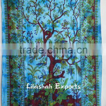 523-A COTTON SINGLE TREE OF LIFE TIE DYE BED COVER home wall curtain sanganeri print jaipur india star tapesrideau