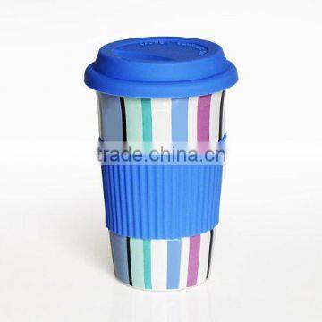 Ceramic Travel Mug with Rubber Lid & Grip - Blue Stripes