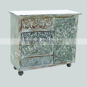 INDIAN MANGO WOOD PAINTED CARVED WHITE FINISH SIDE BOARD