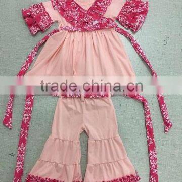 2016 spring capri sleeve pink floral top and ruffle pant girls outfits cute baby girls newly factory made children clothing