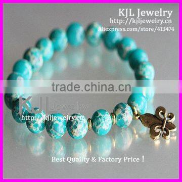 KJL-A0227 Hot New Natural 8MM Turquoise Stone Beaded Bracelet,Gold Metal fleur-de-lis Charm Pendant Bracelet