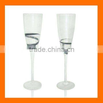 Hand blow champagne flute with black strips decoration