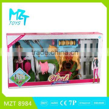 2016 New !Eco-friendly Plastic 11Inch Movable Joints Riding Barbie Girl+Horse+Quadrangular Stable+Tools kid Toys MZT8984