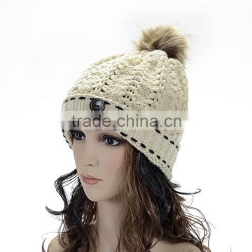 Casual women's wood dunked lint warm knitting wool hat with pomporn