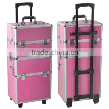 Pink 3 in 1 Pro Aluminum Rolling Makeup Case Salon Cosmetic Organizer Trolley