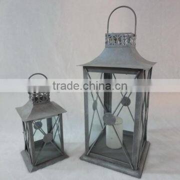 set of 2 antique grey metal candle lantern