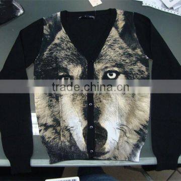 Women's V-neck no Hand Feeling Reactive Printing 100% Cotton Cardigan Sweater