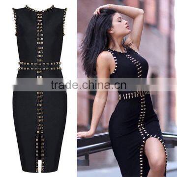 2017 Fashion summer midi lady cocktail black sexy body con studded bandage dress