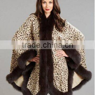 Large Cashmere Cape with Fox Fur Trim - Leopard Print